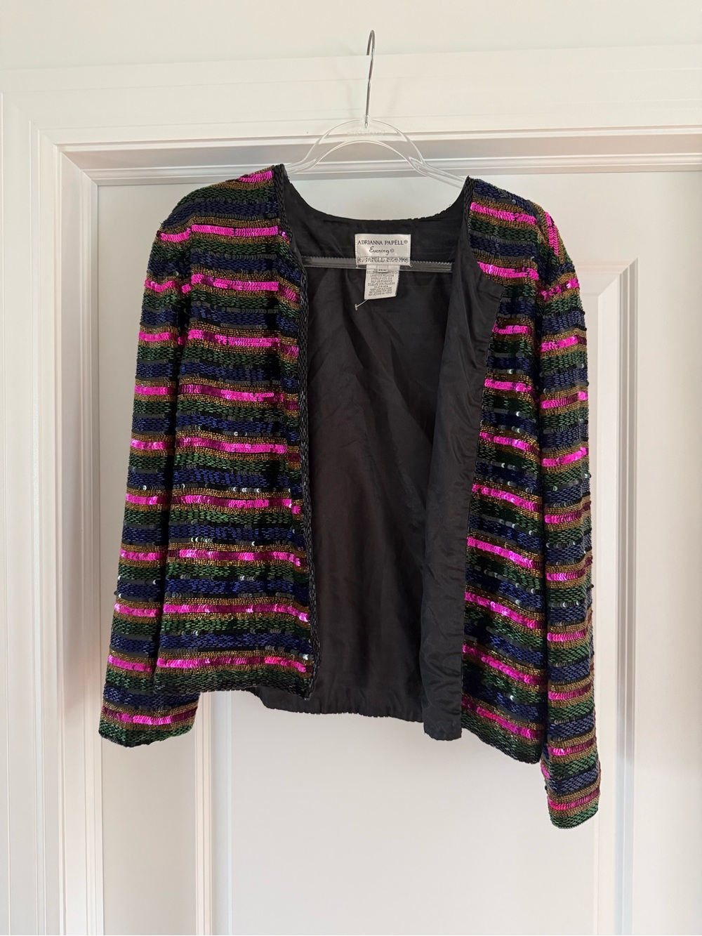 Adrianna Papell Evening Fully Beaded Sequin Silk Jacket XL vintage 90s stripe